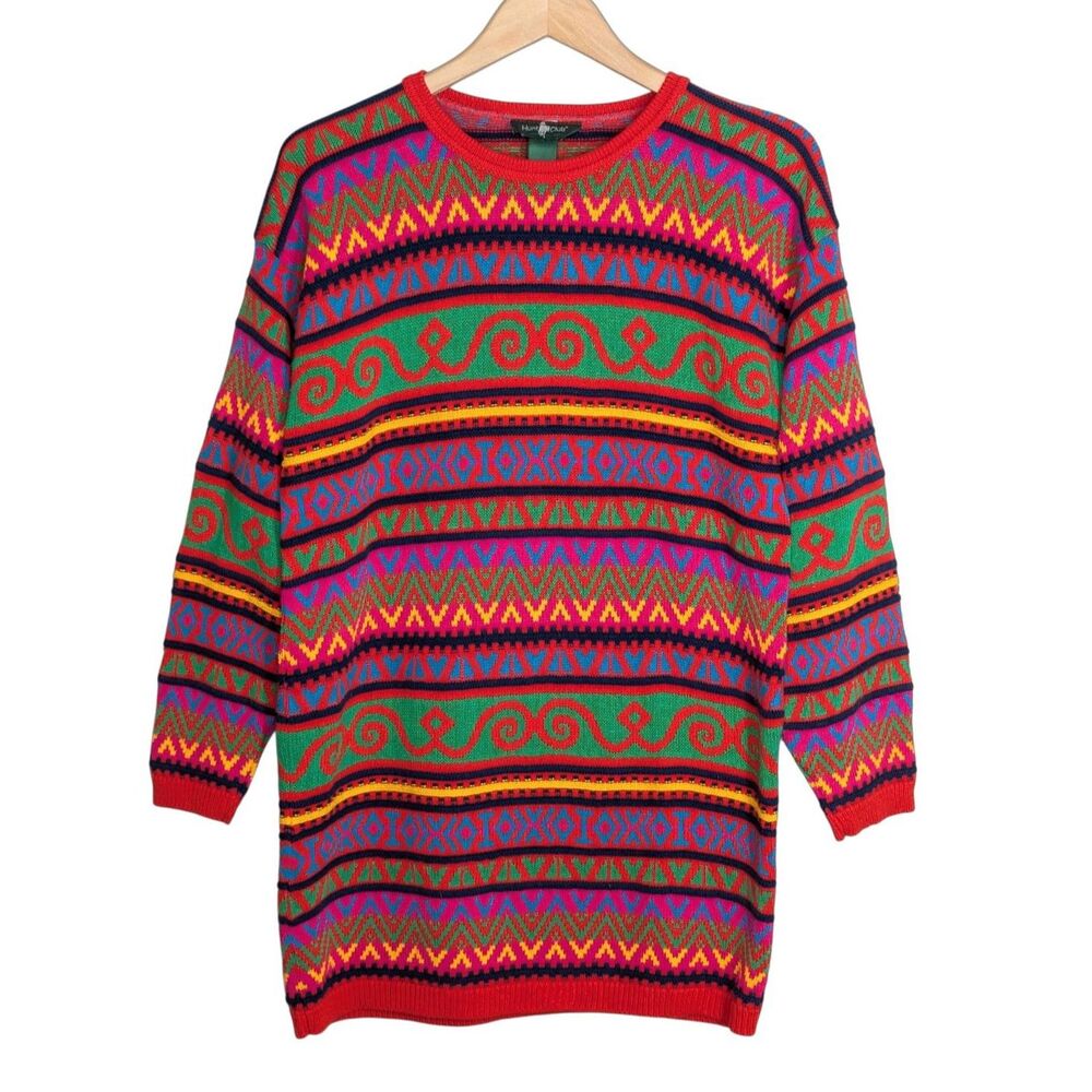 Vintage EUC 90s Hunt Club Geometric Knit Sweater Dress Approx Sz L Multi Color